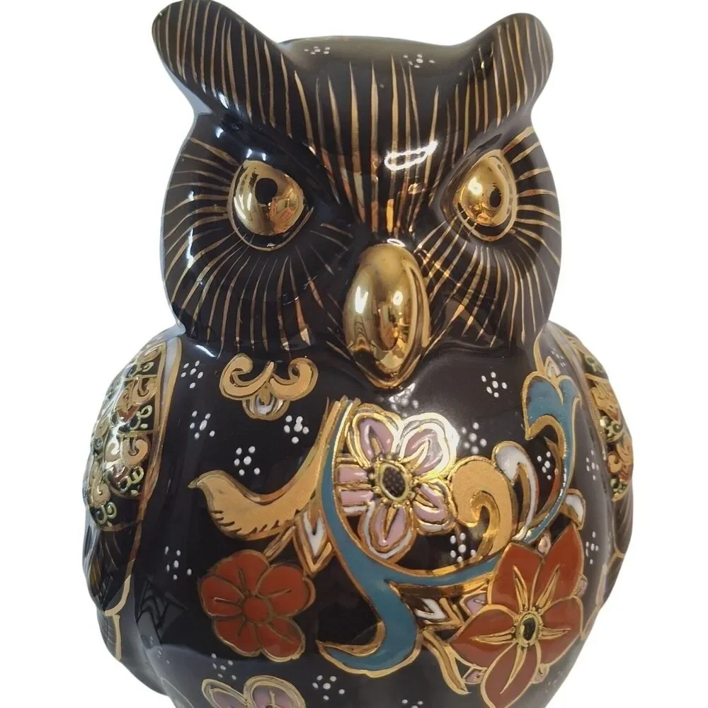 Japanese Kutani Owl Porcelain Figurine Mori Gold Painted Fukuro Lucky Owl Vintag